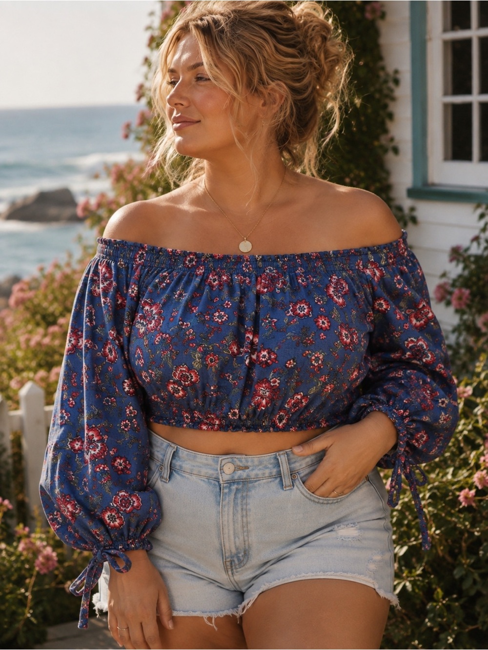Live To Be Spoiled Blue Floral Off Shoulder Balloon Sleeve Crop Top XL